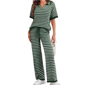 Army Green Patterned Cozycore Knit Sweater Pant Set Polo Top Wide Leg Size L